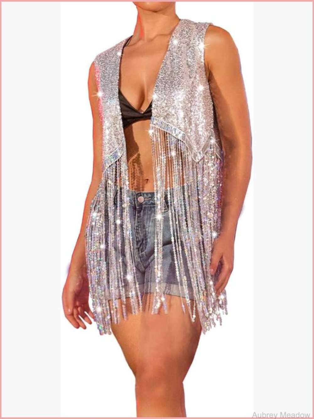 Sequin Fringe Vest Silver Sparkly Tassel Jacket Disco Party